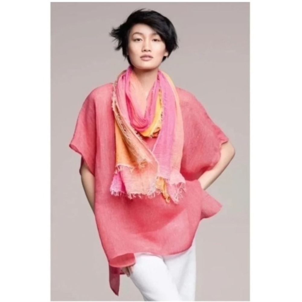 EILEEN FISHER Linen Gauze Pinstripe Boxy Tunic Top Coral Pink S3SLE-3